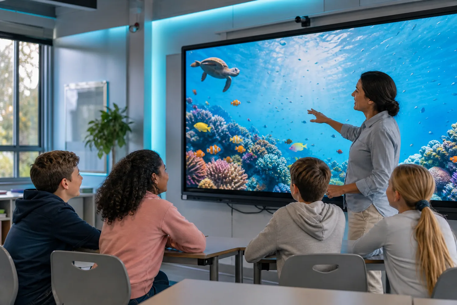 A teacher guiding students through a 360Worlds ocean world on a classroom screen
