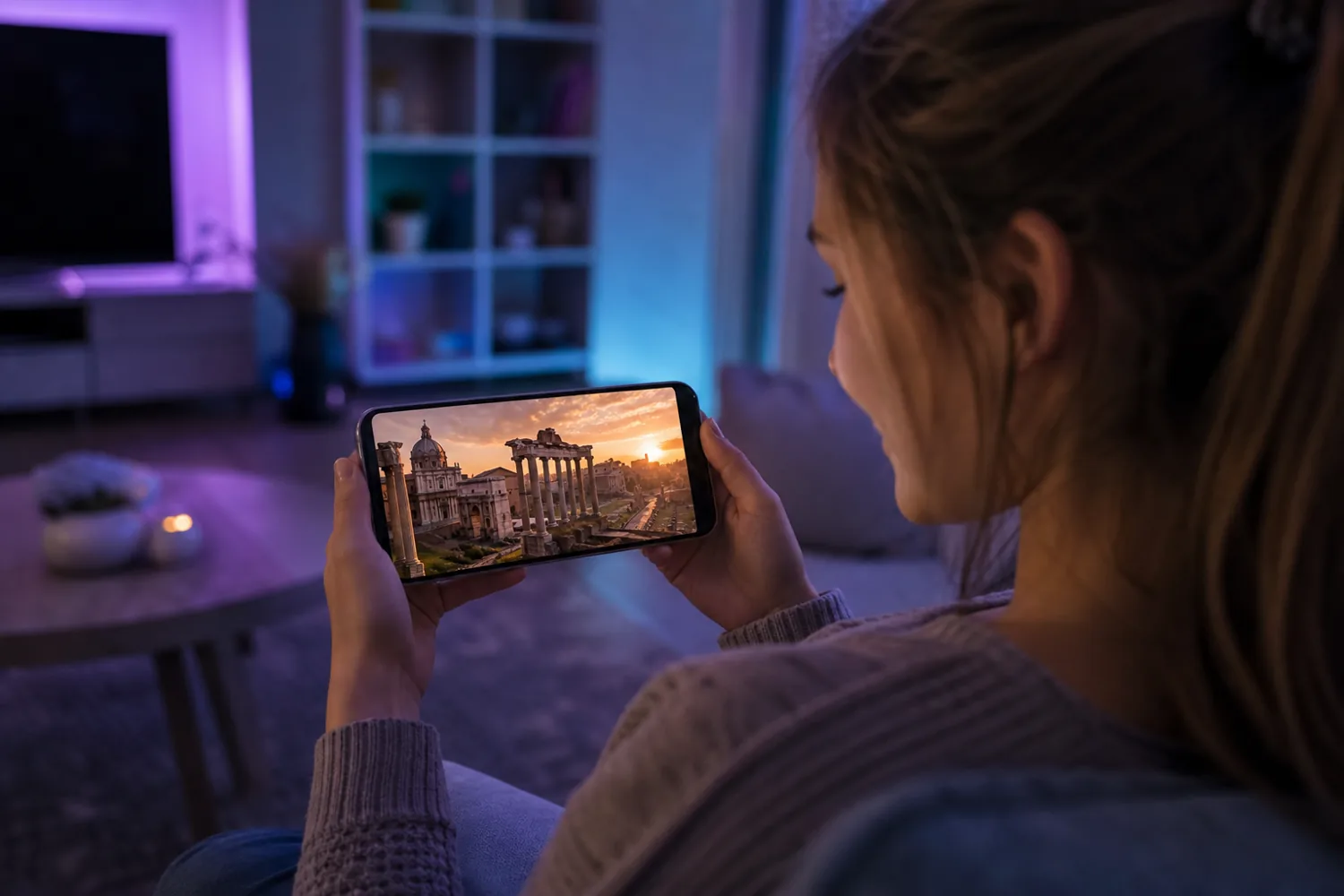 A teenager exploring an immersive world on a smartphone