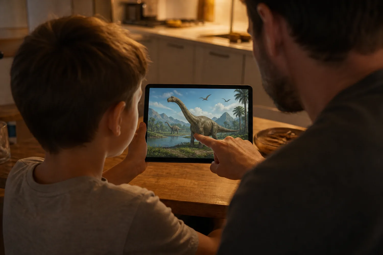 A child and parent exploring dinosaurs together on a tablet