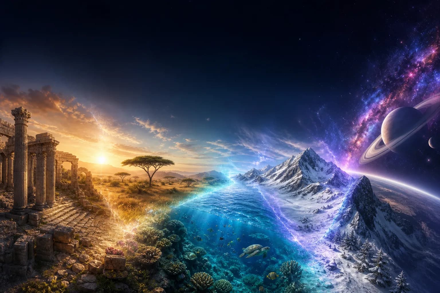 A panorama blending Roman ruins, African savannah, a coral reef, snow-capped mountains and deep space into one continuous world