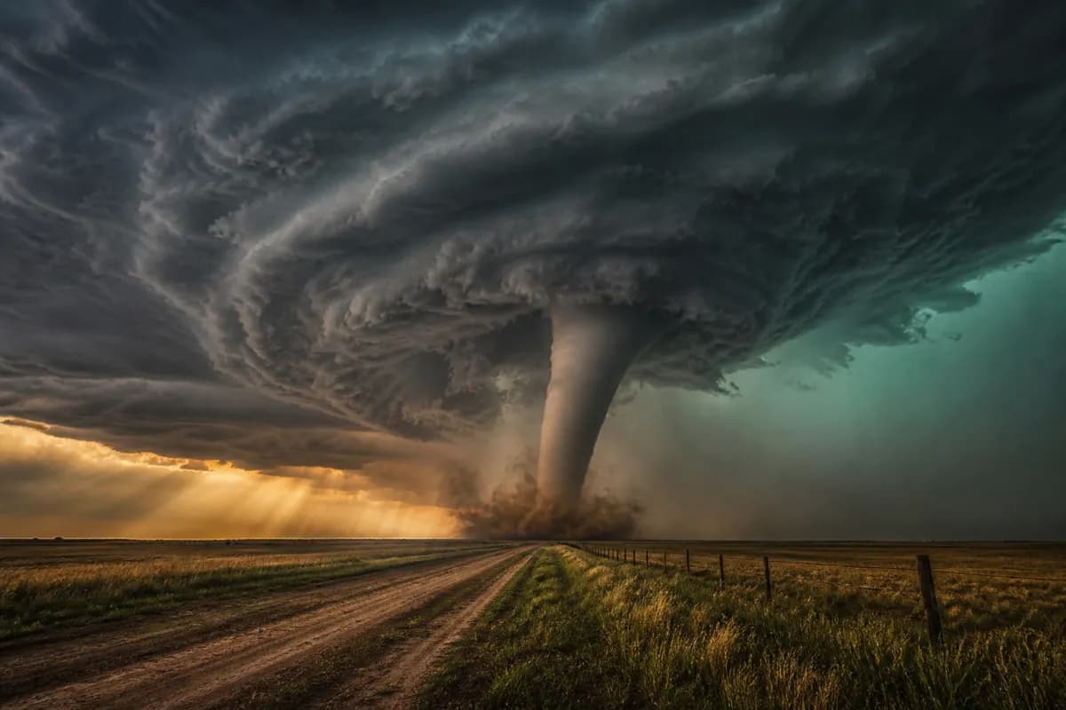 A tornado touching down beneath a supercell storm in the Tornado Alley 360 world