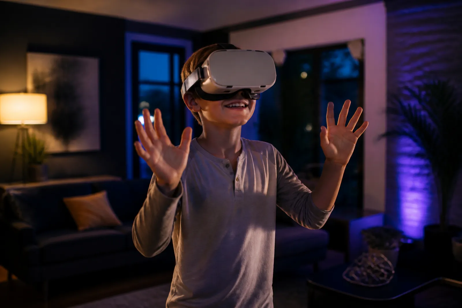 A child enjoying an optional VR headset experience at home