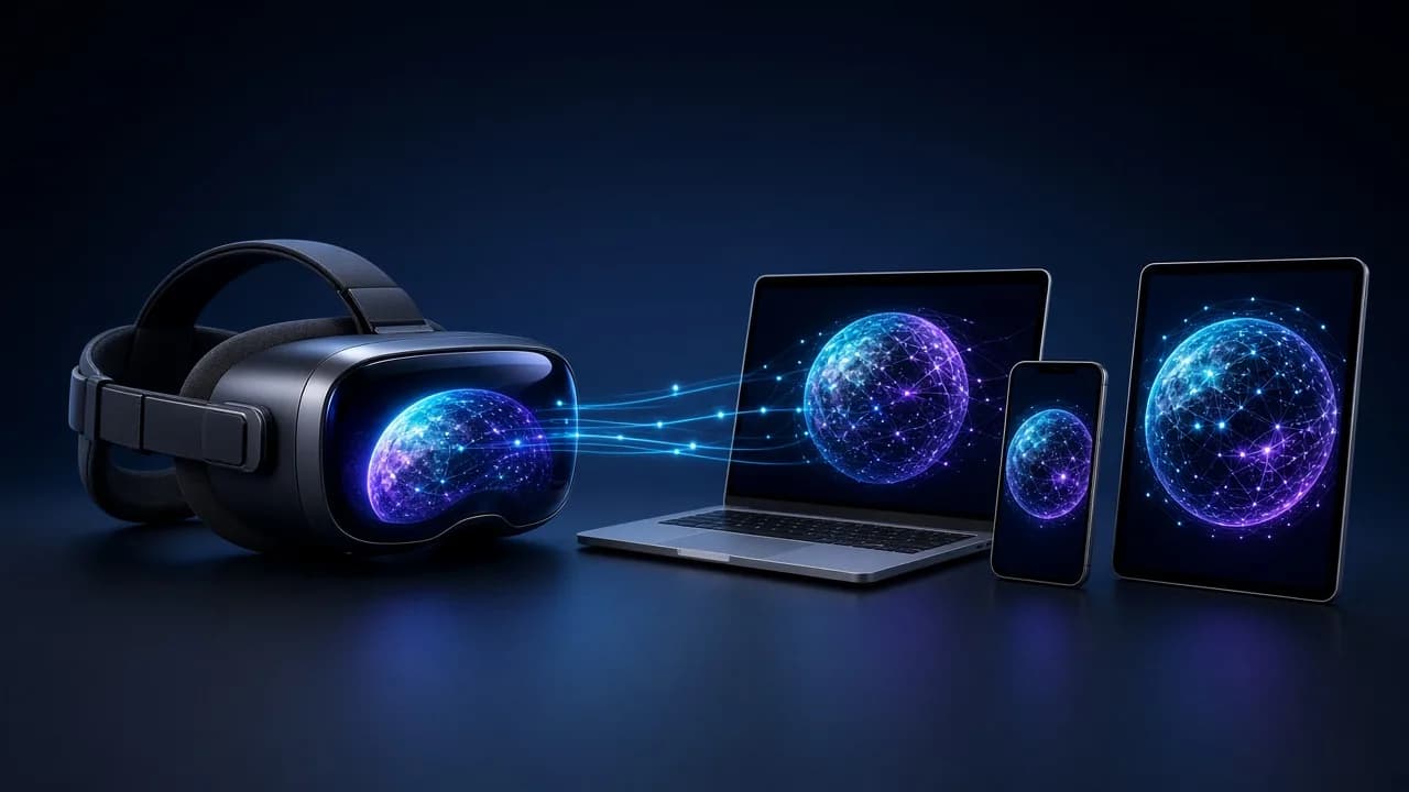 A VR headset connected to a laptop, phone and tablet, showing the same immersive world on every device