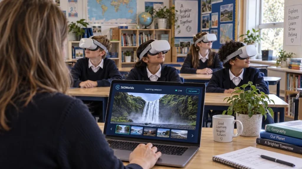 A teacher leading a live 360Worlds learning session on a laptop while pupils explore the same waterfall world in VR headsets