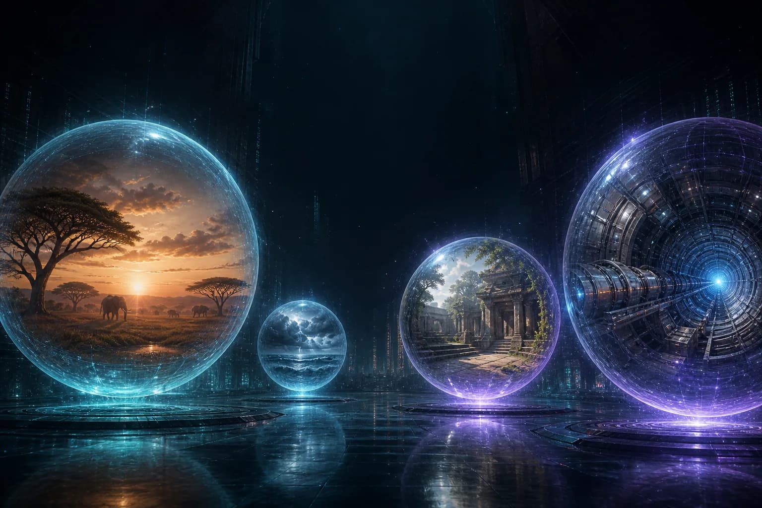 Glowing spheres in a darkened space, each a window into a different immersive world under construction