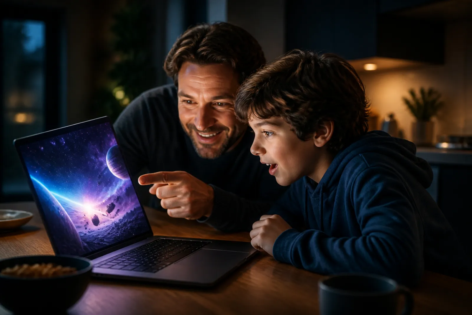 A parent and child exploring a 360Worlds experience together on a laptop