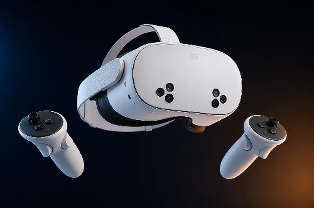 A modern standalone VR headset and two controllers, an optional way to explore 360Worlds