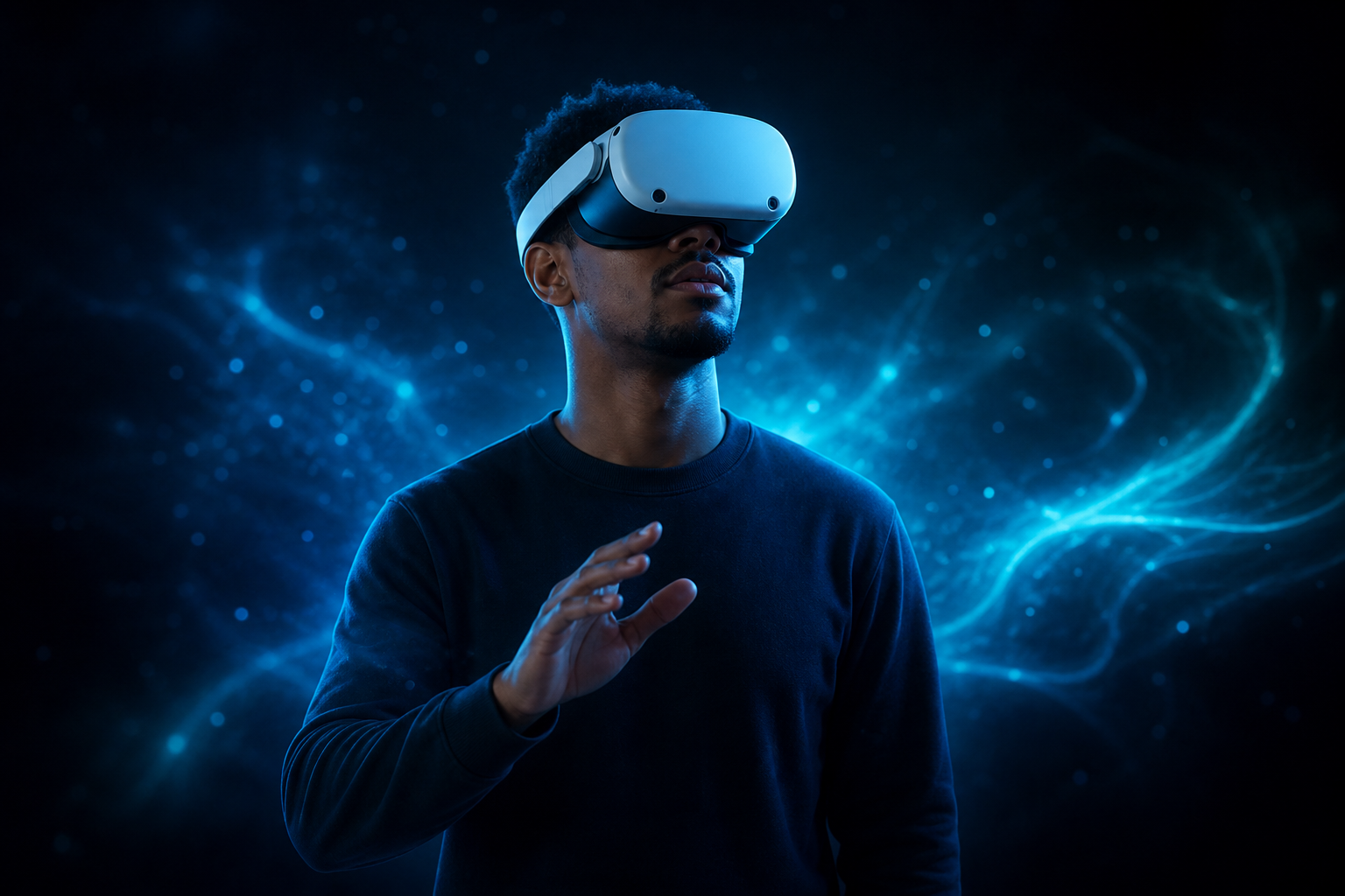 A person exploring an immersive 360Worlds experience in a Meta Quest VR headset